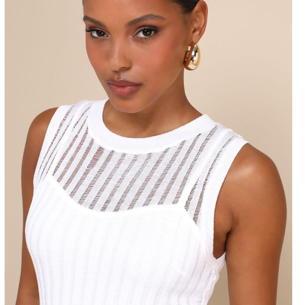 Lulus Effortlessly Sultry White Ribbed Knit Bodycon Midi Dress - Size L - Picture 4 of 5